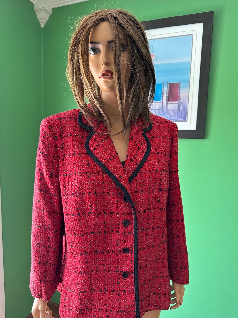🌺🌺EUC Vintage Le Suit Red Tweed Blazer with Black Trim🌺🌺